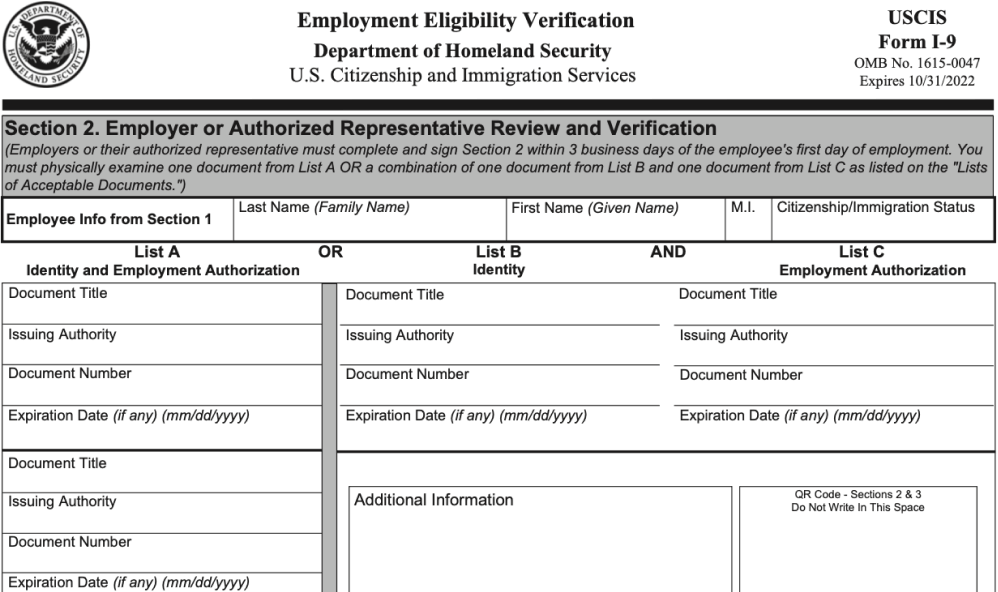 I9 Form 2022 USCIS Employment Eligibility Verification